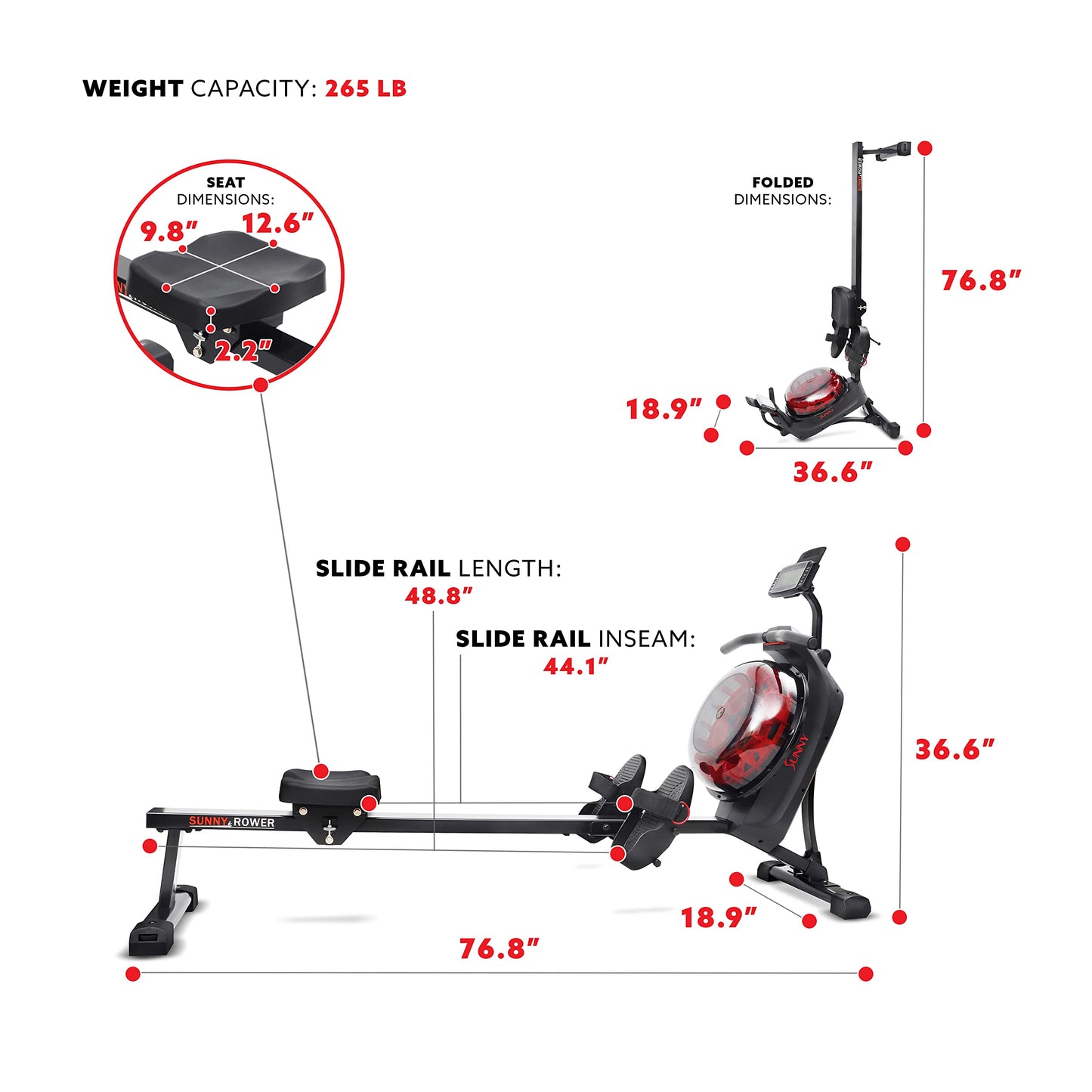 Sunny Health & Fitness Hydro + Dual Resistance Smart Magnetic Water Rowing Machine in Black - SF-RW522017BLK