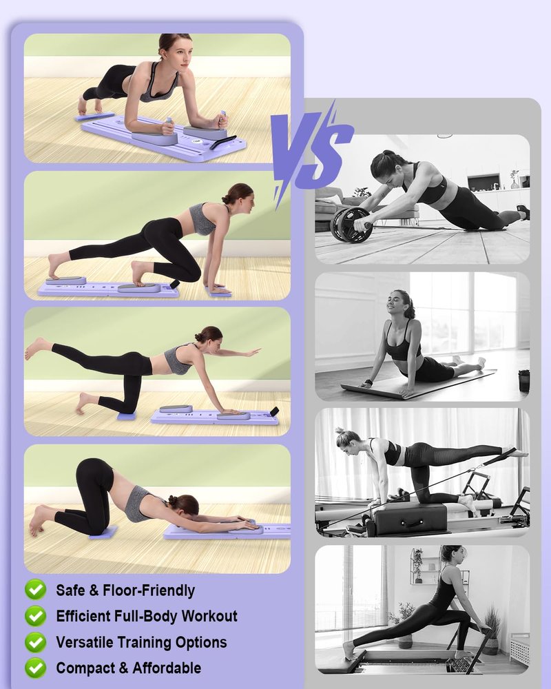 AMAZINGHOME Pro Foldable Pilates Board & Reformer Machine - Multifunctional Home Gym with Ergonomic Elbow Pads, Yoga Bar & Timer, 300lbs Capacity Core Workout Pilates Equipment (Purple)