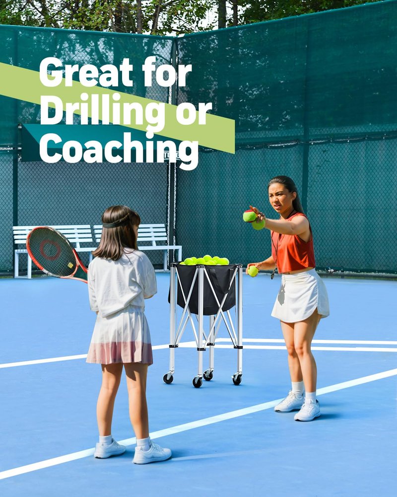 YooKoo Tennis Ball Hopper for 150 Balls, Tennis Ball Basket for Serve Training, Foldable Tennis Ball Cart with Storage Bag, Portable Pickleball Baseball Hopper Basket