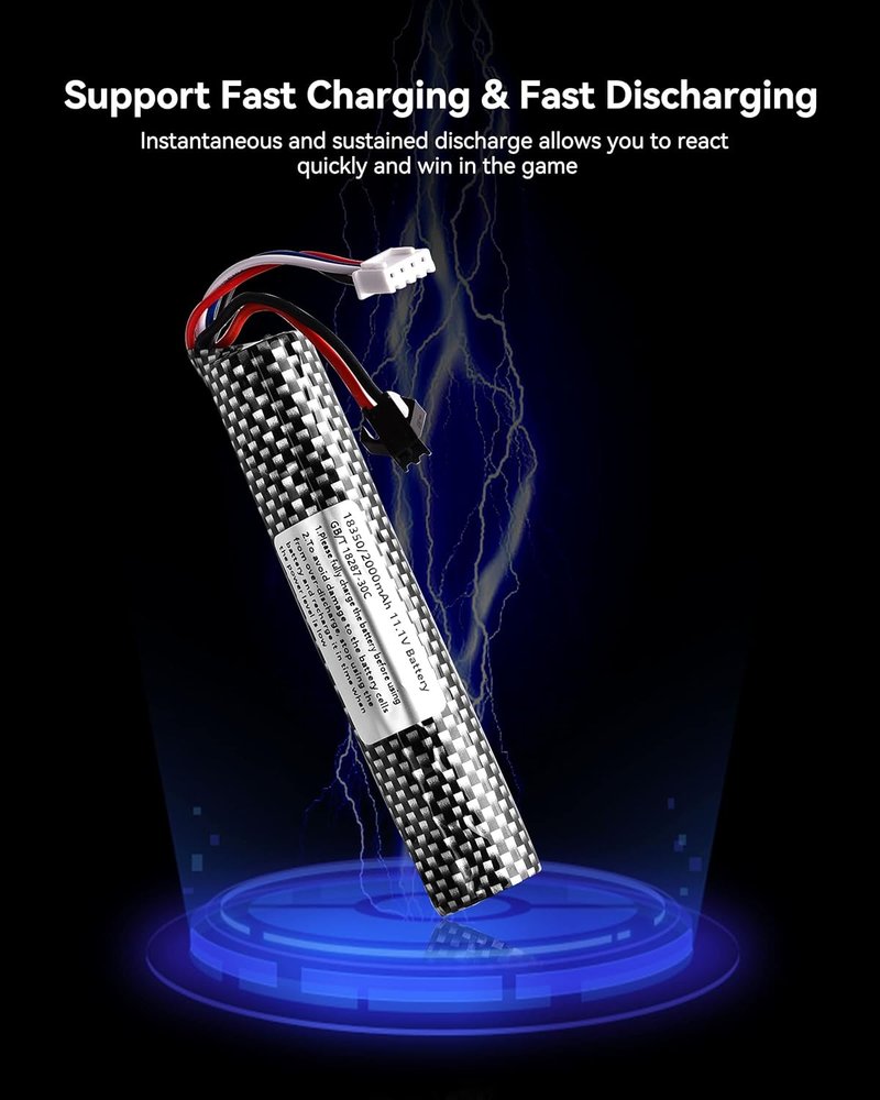 Rechargeable 11.1V 2000mAh Battery with Charger - Mini Tamiya Connector for Airsoft & Gel Ball Blaster Gun | 2-Pack