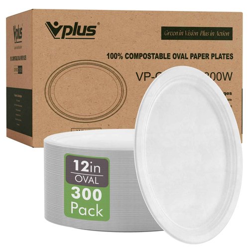 Vplus 300 Pack 100% Compostable Oval Paper Plates 12 inch Super Strong Disposable Paper Plates Bagasse Natural Biodegradable Eco-Friendly Sugarcane for BBQ, Party, Dinner, and Picnic