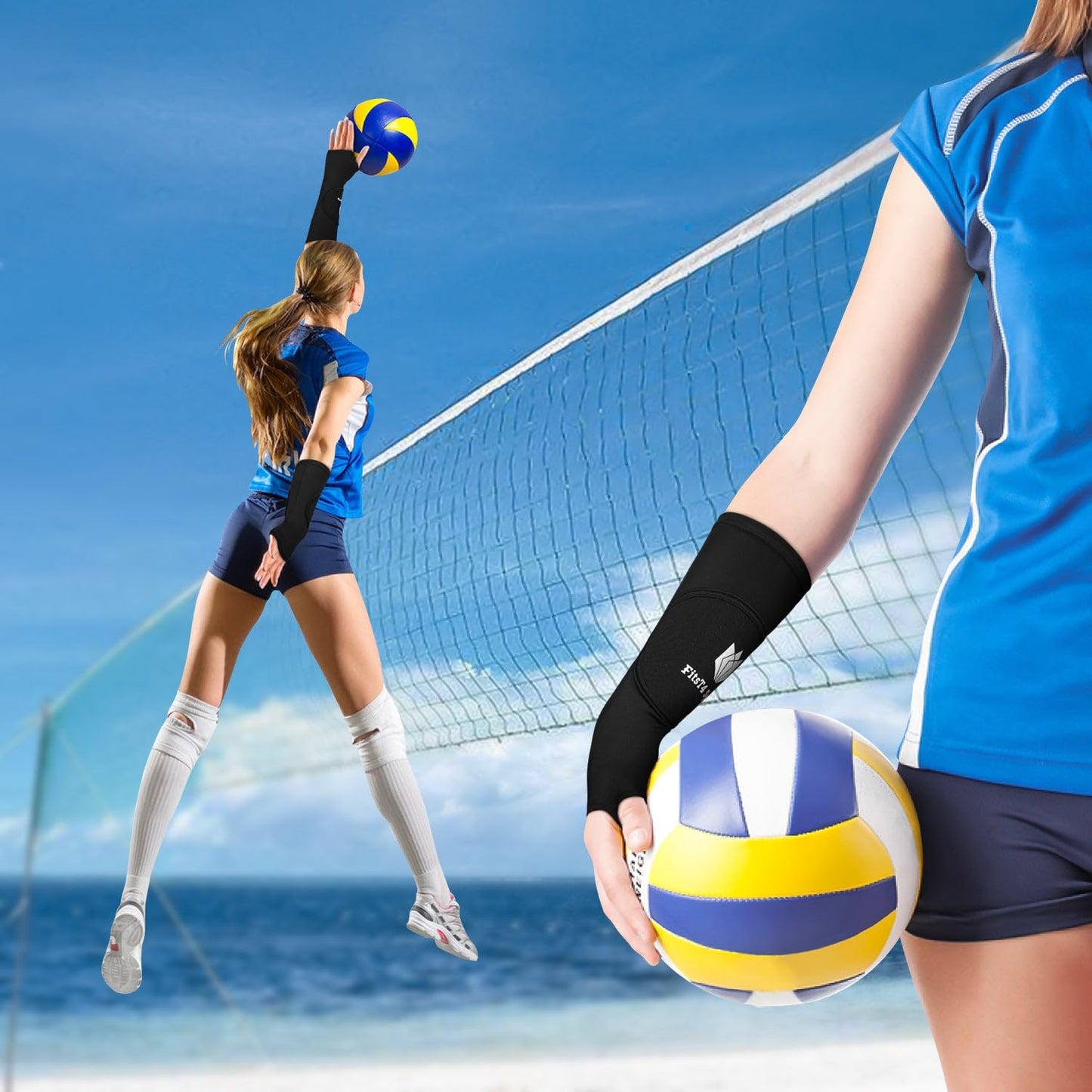 FitsT4 Sports Volleyball Arm Sleeves for Girls Passing Forearm Sleeves with Protection Pads and Thumbhole for Youth,Black 10"