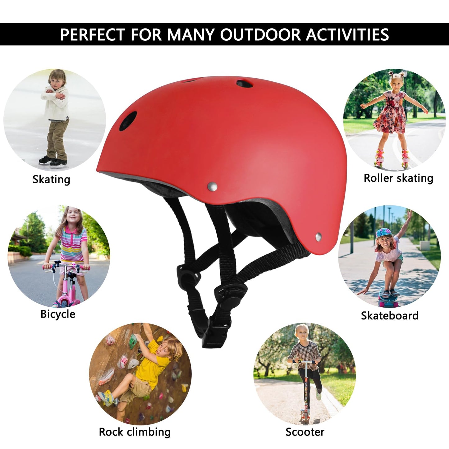 Kids Bike Helmet, Toddler Helmet for Kids Ages 3-5-8, Skateboard Helmet with Knee Elbow Wrist Pads for Boys Girls, Protective Gear Set for Skating Bicycling Roller(Red)