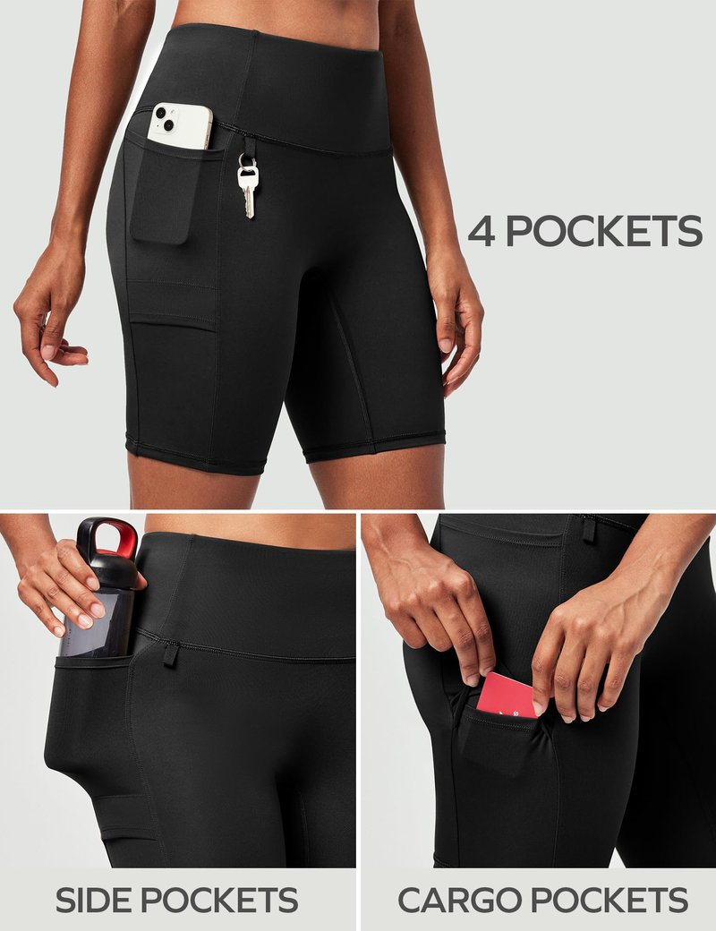 Ewedoos Biker Shorts Women Tummy Control with 4 Pockets No Front Seam Hiking Workout Spandex Shorts High Waisted UPF50+ Black