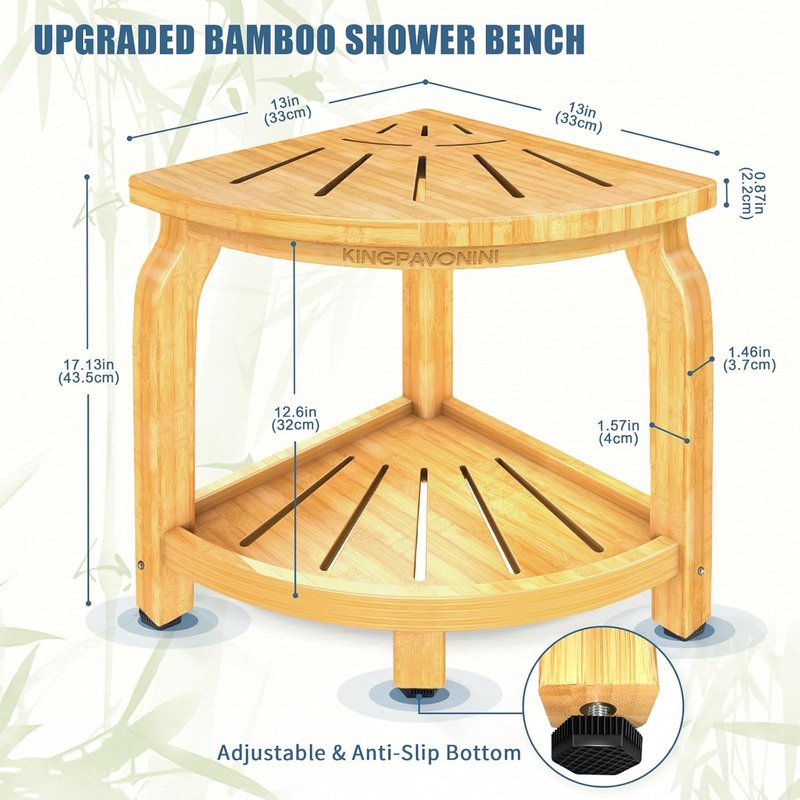 Bamboo Corner Shower Stool - Waterproof Bath Bench with Storage Shelf | Holds Up to 450 lbs