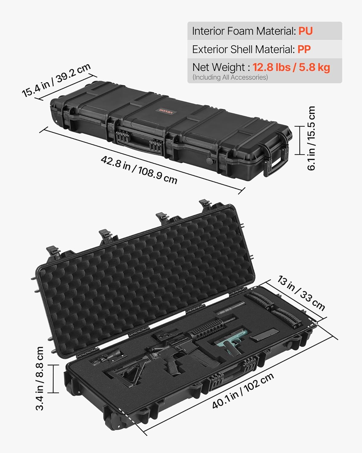 Rifle Hard Case with 4 Layers of Foam - Lockable, Waterproof & Crushproof | Ideal for Rifles & Shotguns