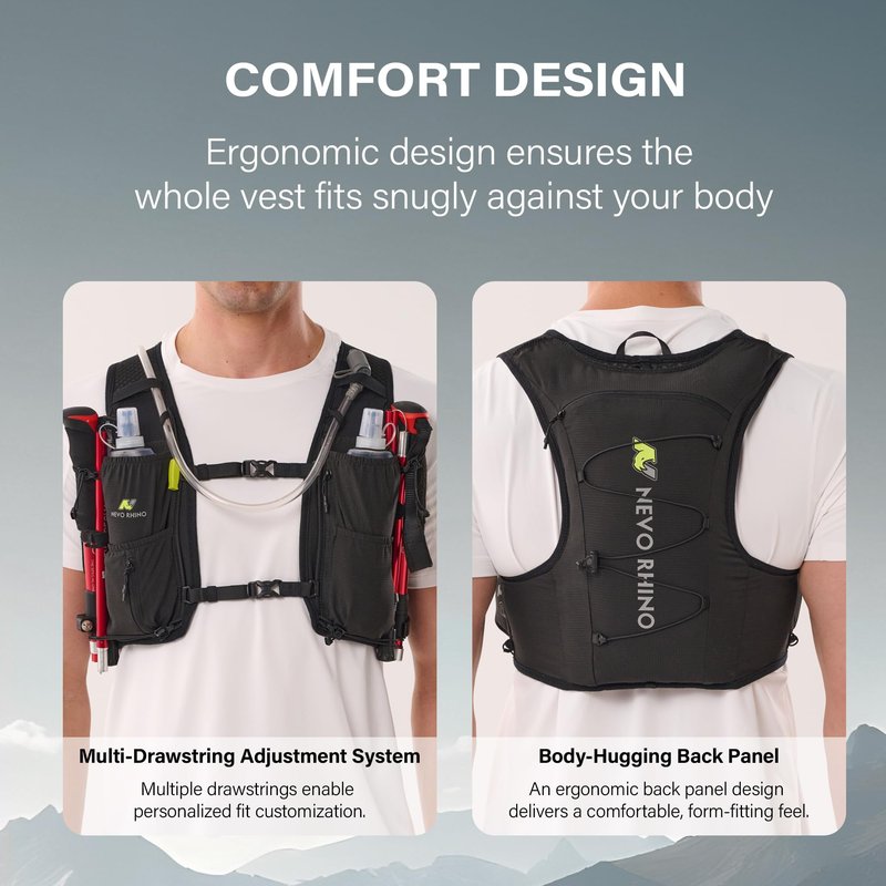 N NEVO RHINO Running Vest for Women Men, 5L Lightweight Running Hydration Vest with 2 TPU 500ml Soft Flask, Breathable Hydration Backpack for Trail Running, Hiking, Shorter Runs