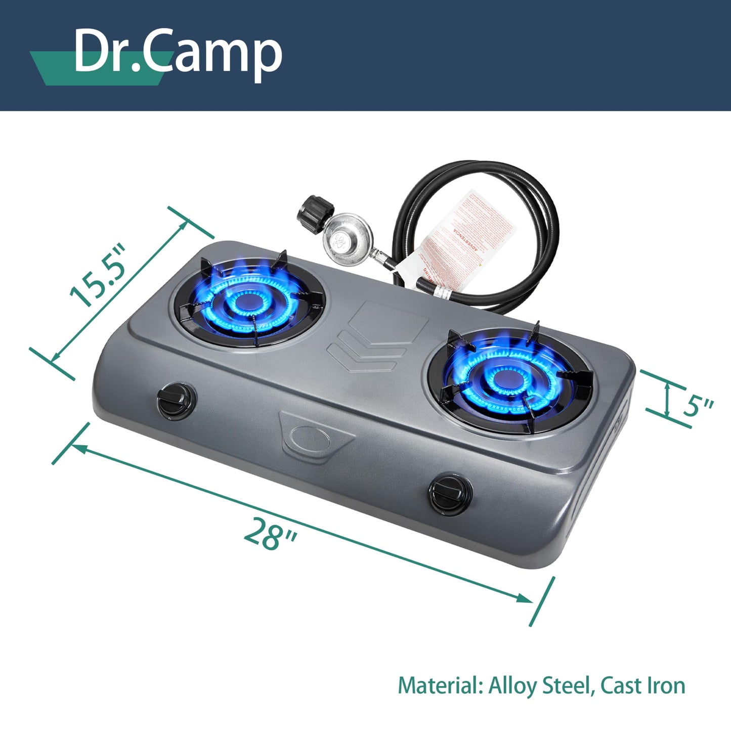 Dr.Camp 35000 BTU super power auto ignition Camping Hiking Garden Hiking Garden Yard Outdoor Propane Double Burner Stove Cooker Grill, included CSA listed regulator and gas hose