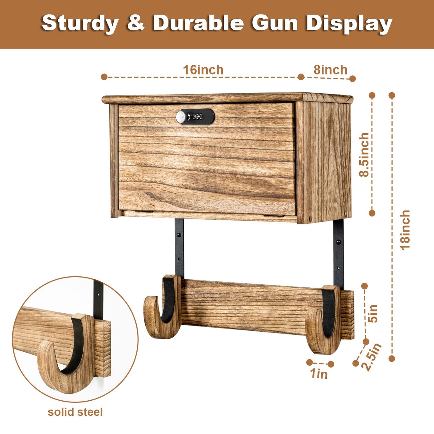 Wooden Wall Mount Gun Rack with Lock, 2-in-1 Horizontal Display for Rifle, Shotgun and Dual Pistols, Secure Firearms Storage Hanger