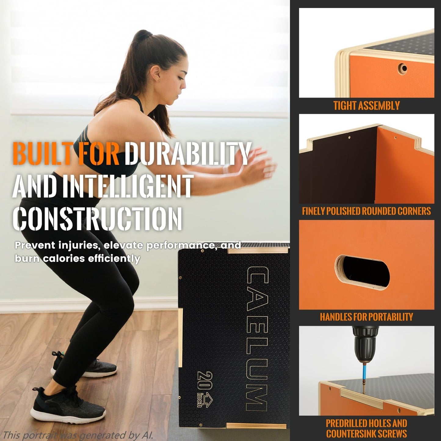 CAELUM 3-in-1 Wooden Plyo Box – 400lbs Heavy-Duty Jump Box for Home & Gym, Non-Slip Plyometric Box for Step-Ups, Squats & Strength Training Black Orange