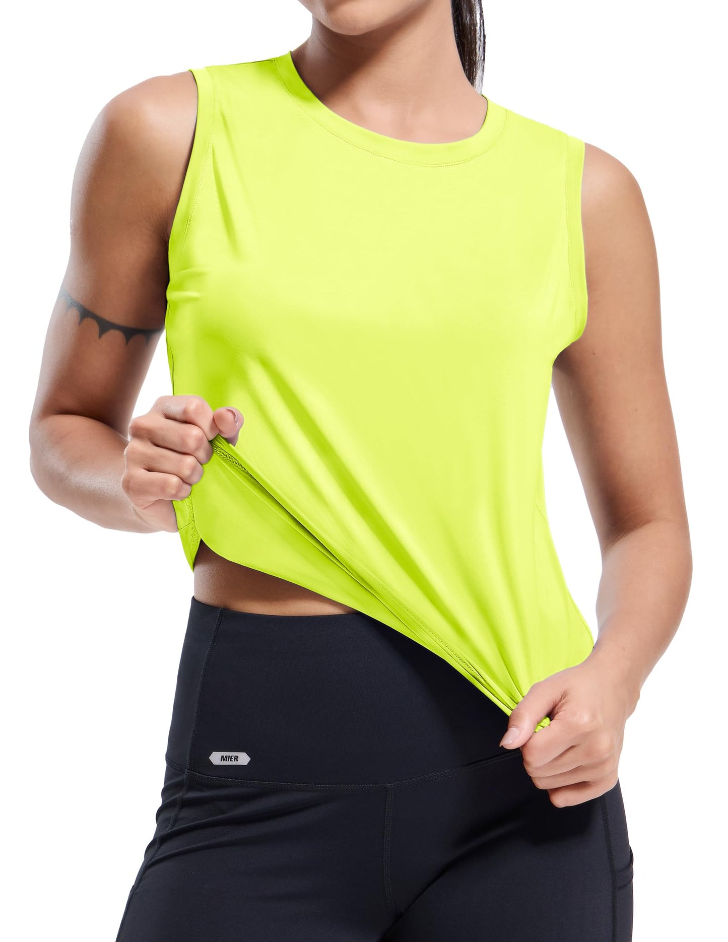 MIER Athletic Tops for Women Workout Tank Top Soft Sleeveless Running Gym Yoga Active Cool Tee Shirts, Neon Green L