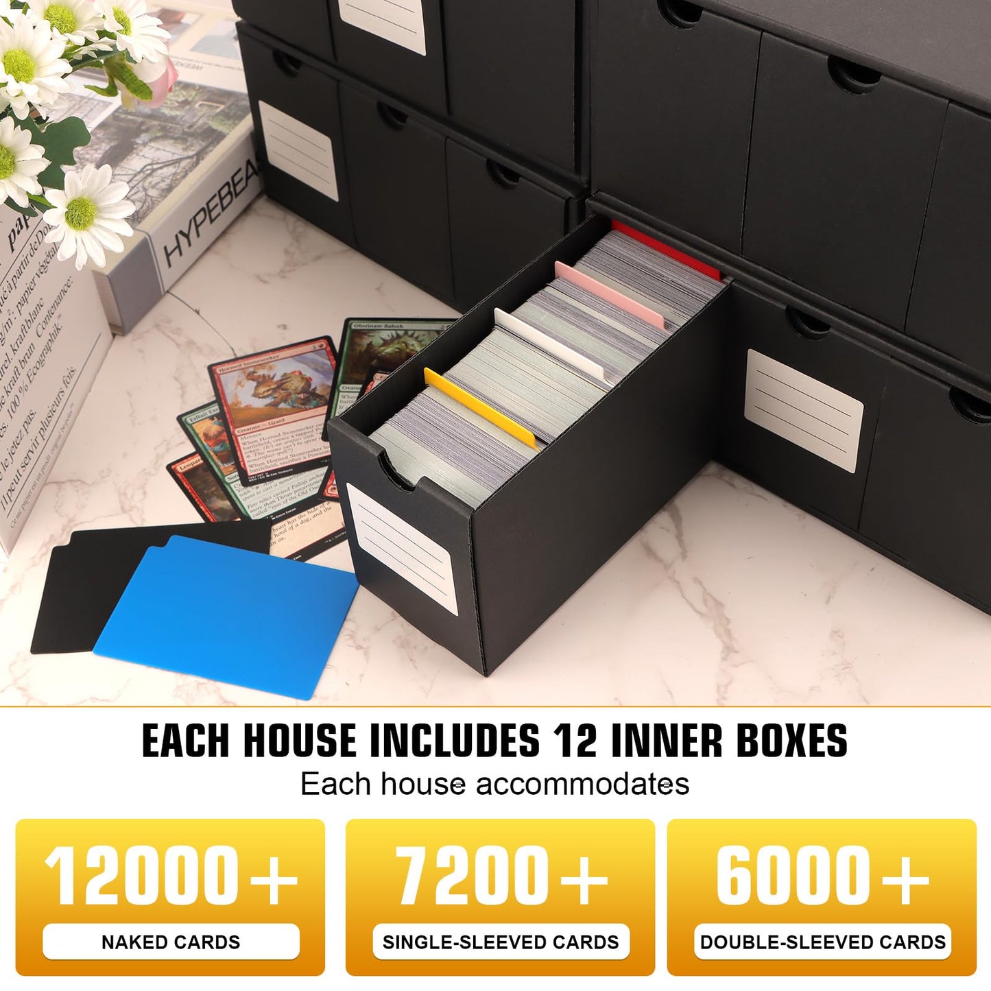 QLOUNI Trading Card Storage Box, Includes 12-600 CT Boxes & 48 Card Dividers, 12000+ Trading Card Organizer for Collectible Card Games, for TCG, MTG, PTCG, Baseball Cards, with Labels & Tapes
