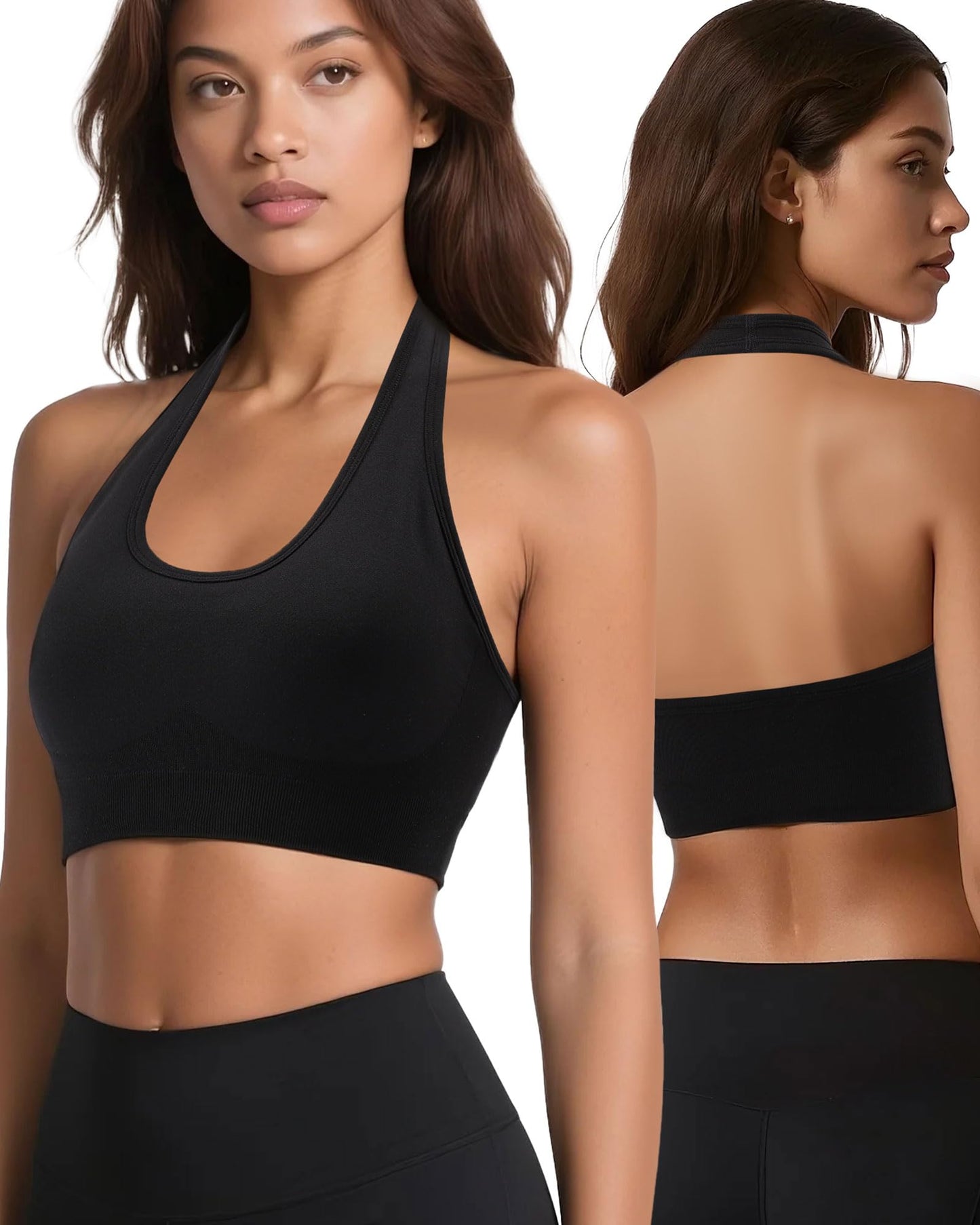 iMucci Halter Sports Bras for Women Low Impact Seamless Yoga Bra, Halter Neck Open Back Padded Removable Cups for Gym Workout Black