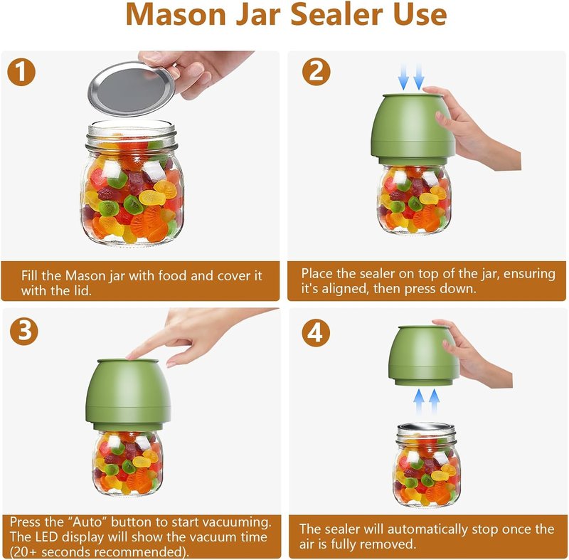 Electric Mason Jar Vacuum Sealer - Automatic Food Storage Sealing Machine for Regular & Wide Mouth Jars | Green