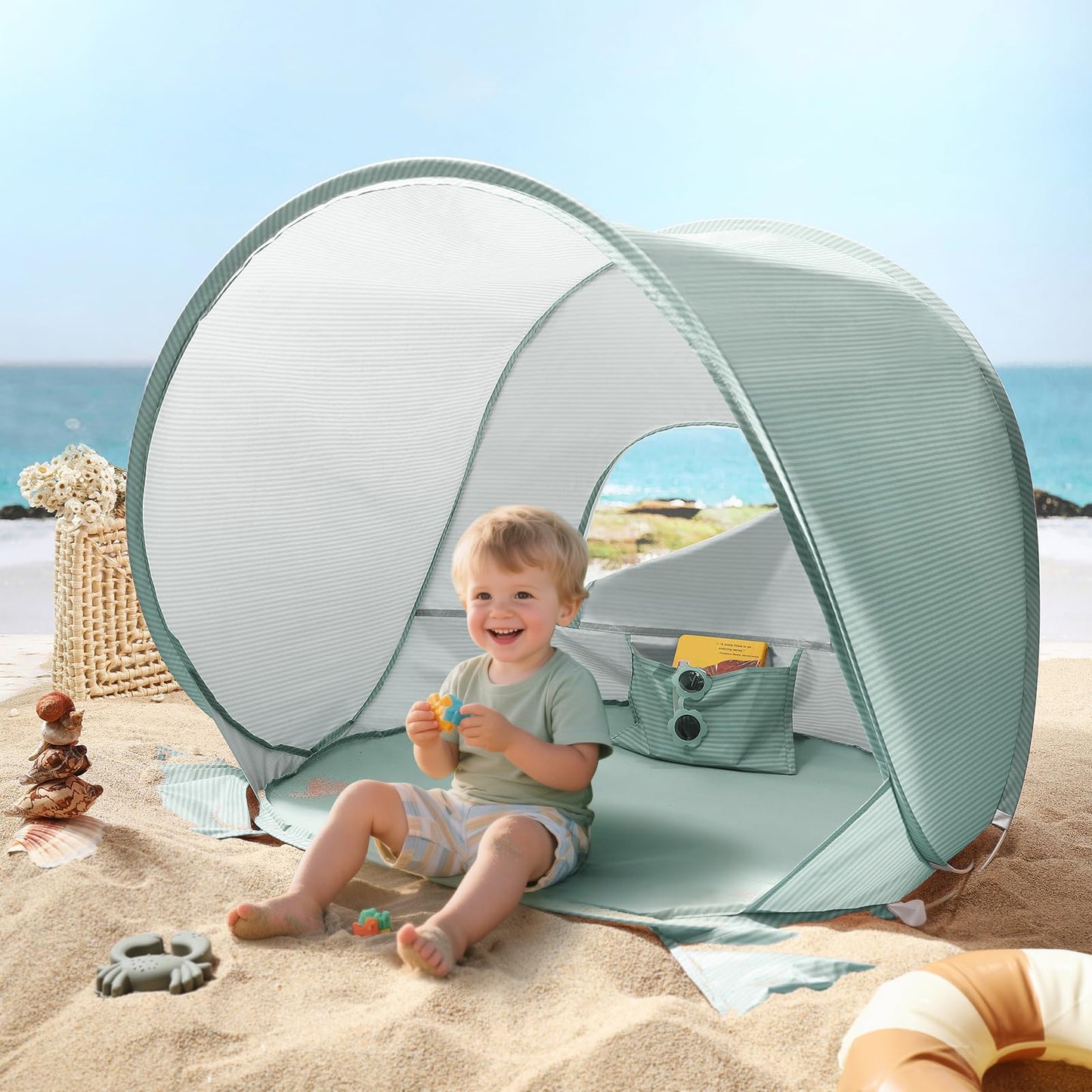Tiny Land Baby Beach Tent – Pop Up Baby Tent with UV Protection, Portable Baby Beach Essentials, 35.4"x27.6"x31.5" Sun Shelter for Infants, Baby Outdoor Use (Pastel Aqua)