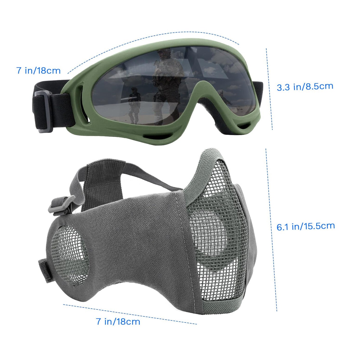 Yzpacc Airsoft Mask with Goggles, Foldable Half Face Airsoft Mesh Mask with Ear Protection for Paintball Shooting Cosplay CS Game