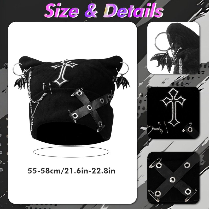 Goth Knitted Beanie Grunge Cat Ear Beanie Hat with Punk Necklace Grunge Arm Warmers for Women Y2K Streetwear Accessories Emo Crochet Hat
