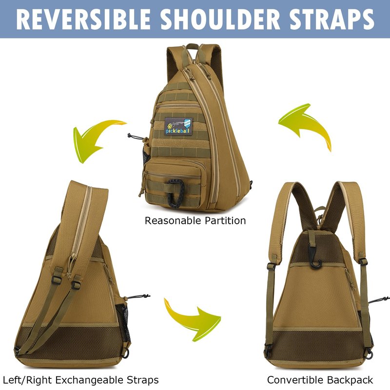 SunForMorning Pickleball Bag, Tactical Pickleball Backpack for Women Men, Adjustable Sling Bag with Fence Hook Water Bottle (Includes 2 Patches+1Carabiner), Brown