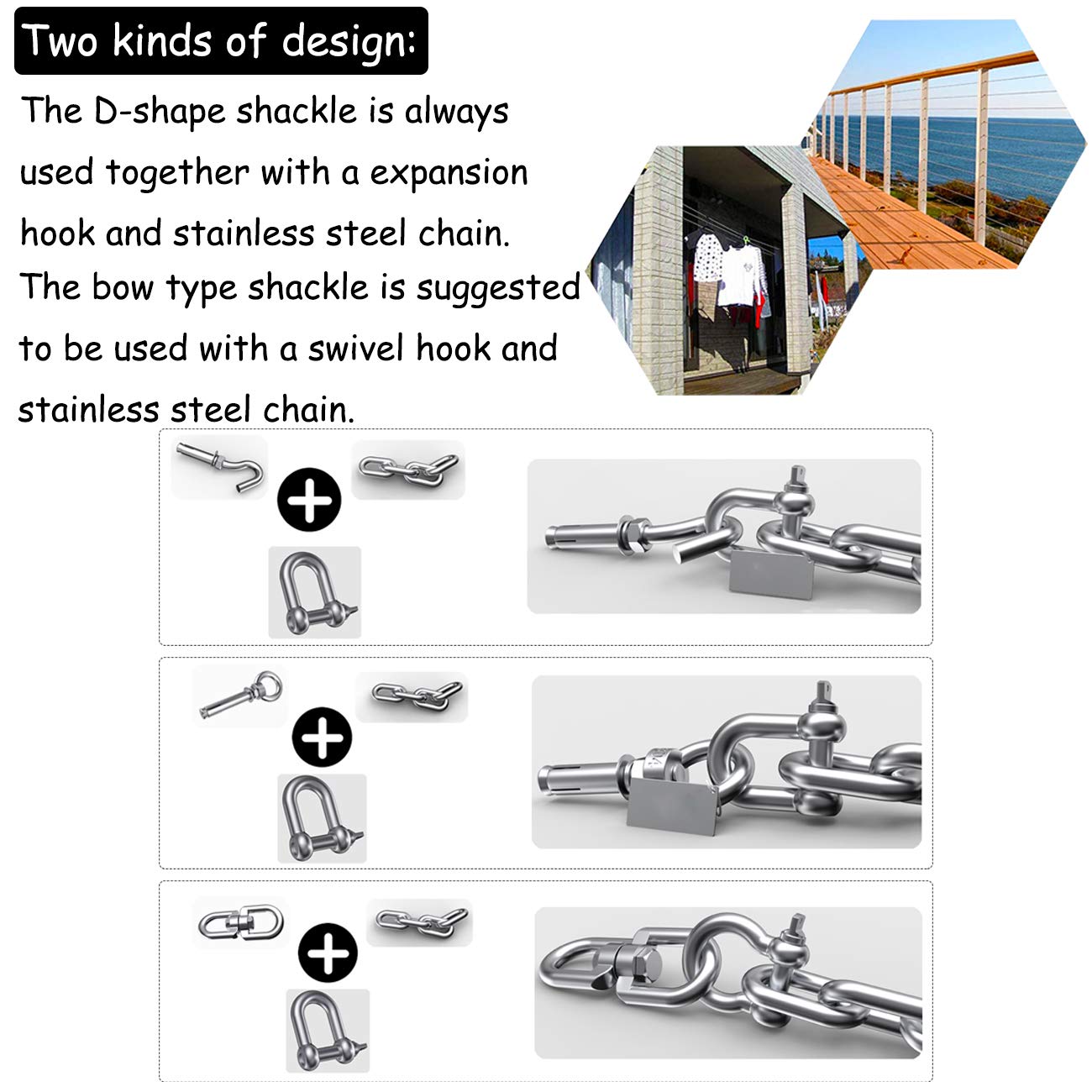 Reedny Stainless Steel 304 D Shape Shackle 5/32", 1/4", 5/16",3/8", 9/16", for Chains Wirerope Lifting Outdoor Camping Survival Rope Bracelets Or for Heavy Duty Construction (1/4" 8Pcs)