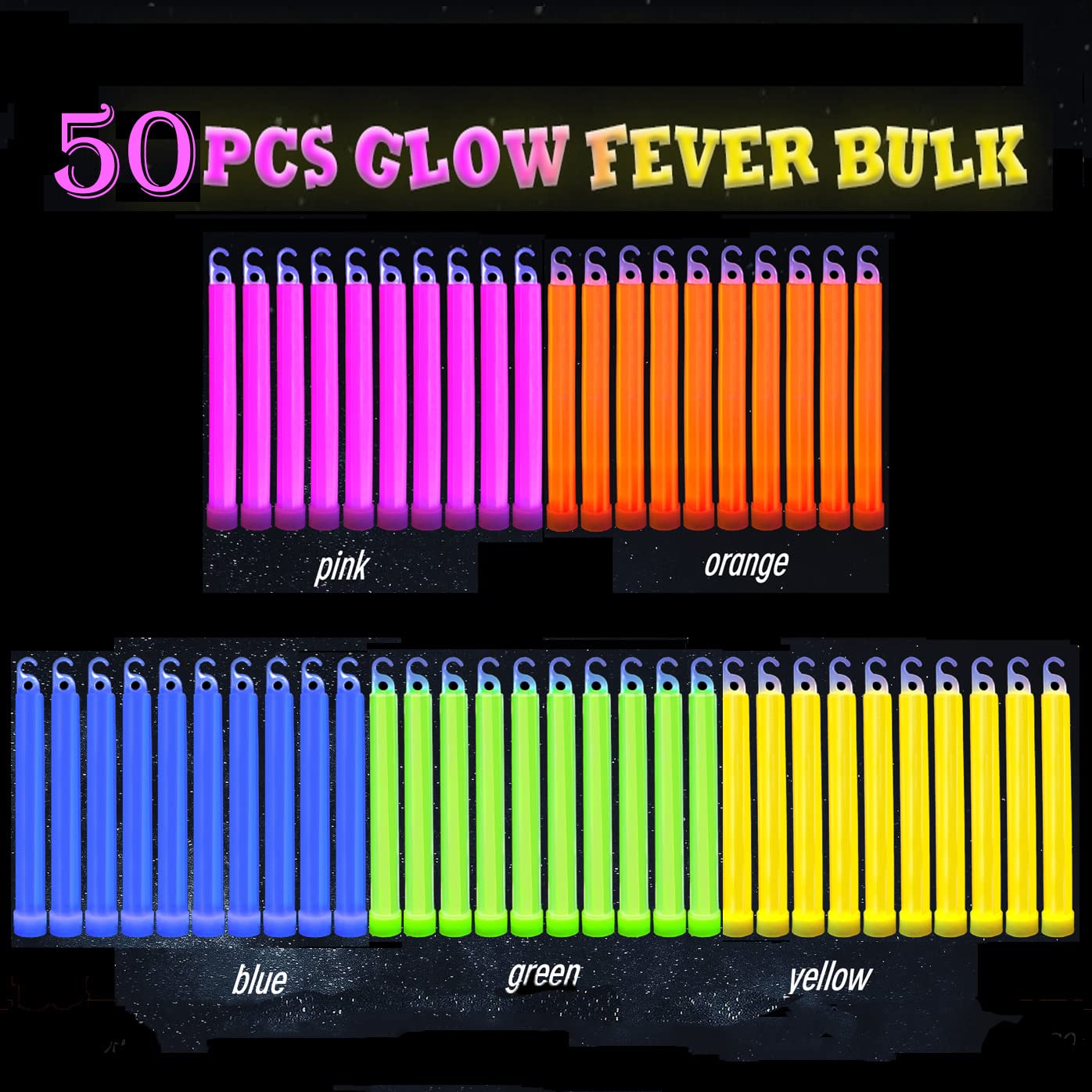 Party Club of America Premium 4" Glow Fever Bulk Ultra Bright Multi Color Glow Sticks Emergency Light Sticks for Camping Accessories Halloween Parties Supplies Earthquake Survival Kit - 50 Pack