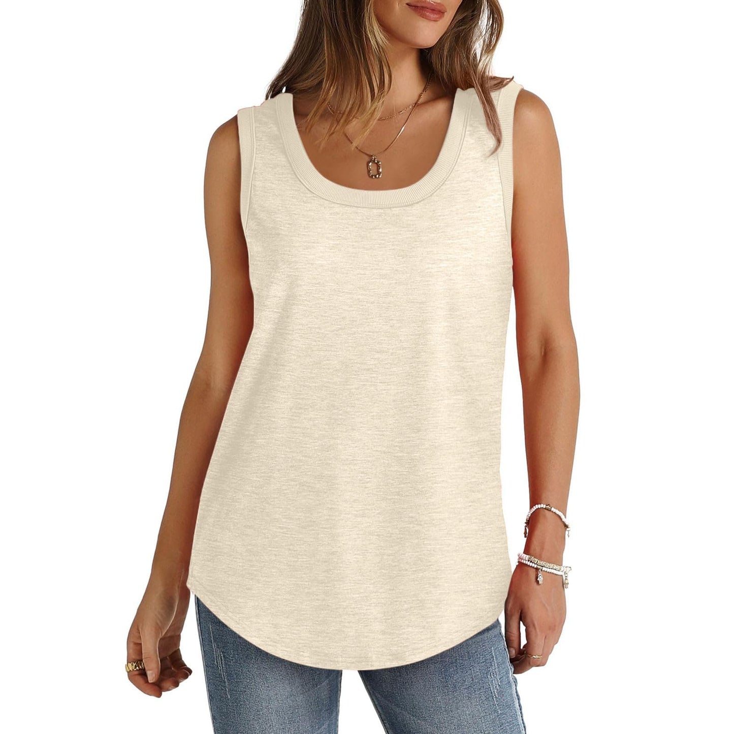 Borniu Womens Tank Tops Summer Loose Sleeveless Tops Scoop Neck Curved Hem Casual Flowy Shirt 2024 Outfits Clothes Beige