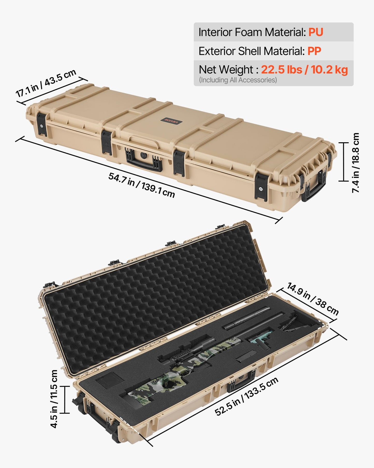 VEVOR Rifle Case, Rifle Hard Case with 4 Layers Fully-protective Foams, 52 inch Lockable Gun Storage with Wheels, IP67 Waterproof & Dustproof, for Rifle, Shotgun, Airsoft Gun, Khaki