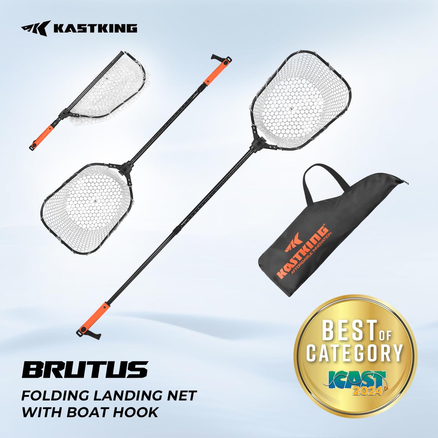 KastKing Brutus Fishing Net with Boat Hook, Foldable, Extendable, Lightweight & Strong Fish Landing Net, Non-Slip & Bright Orange TPR Handle, Fishing Gift for Men