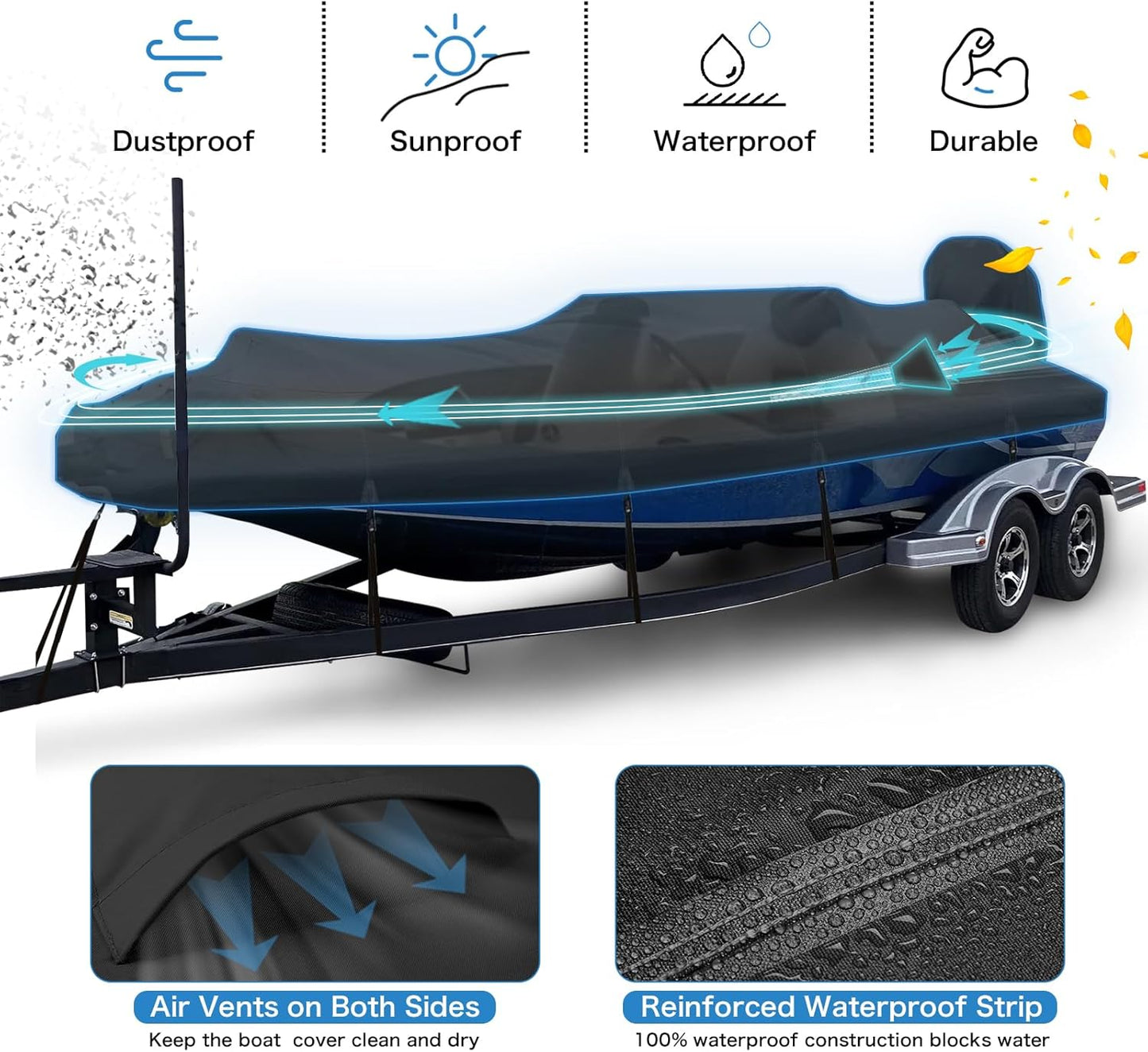 Waterproof 1200D PU Boat Cover - Heavy Duty Marine Grade for 17-19' Bass, V-Hull, Runabout | Black
