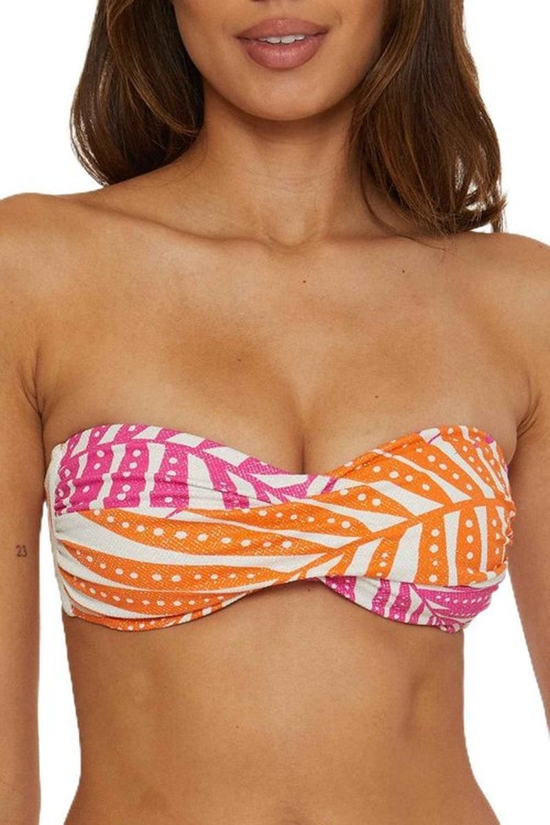 Trina Turk Women's Standard Sheer Bandeau Bikini Top, Adjustable, Tie Back, Tropical Palm Leaf Print, Swimwear Separates, Multicolor