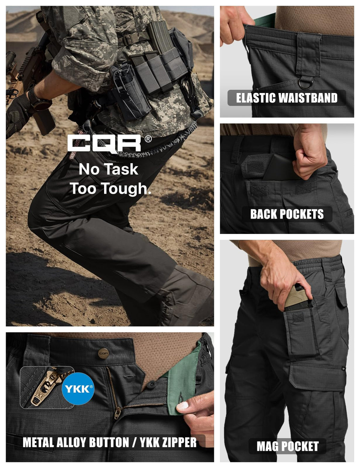 CQR Men's Tactical Pants, Water Resistant Ripstop Cargo Pants, Lightweight EDC Work Hiking Pants, Outdoor Apparel, Duratex Mag Pocket Black, 36W x 30L