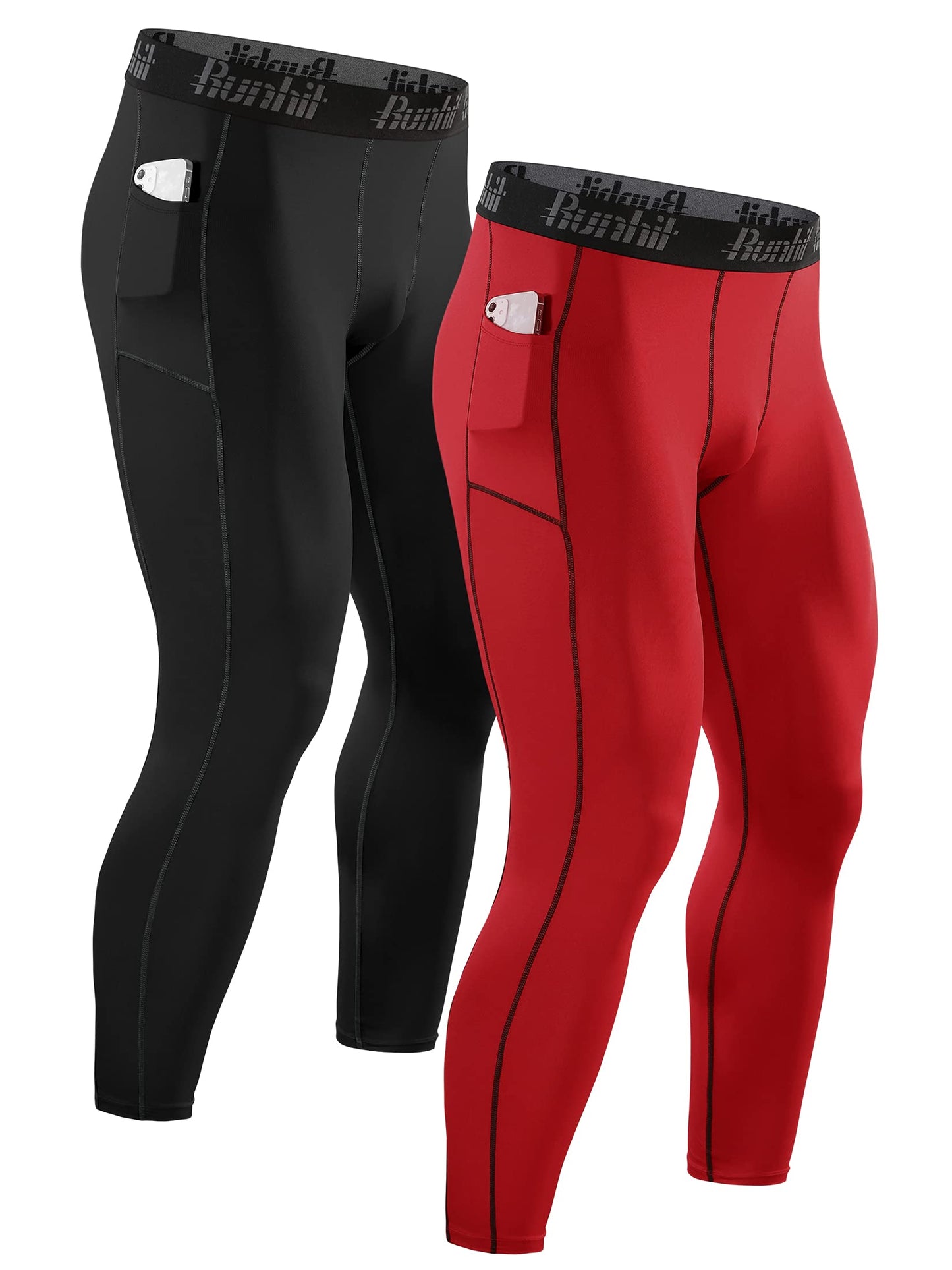 Runhit Compression Pants for Men Leggings with Pocket Running Tights Workout Jogger Winter Thermal Pants for Men Base Layer Red Black 2 Pack Small