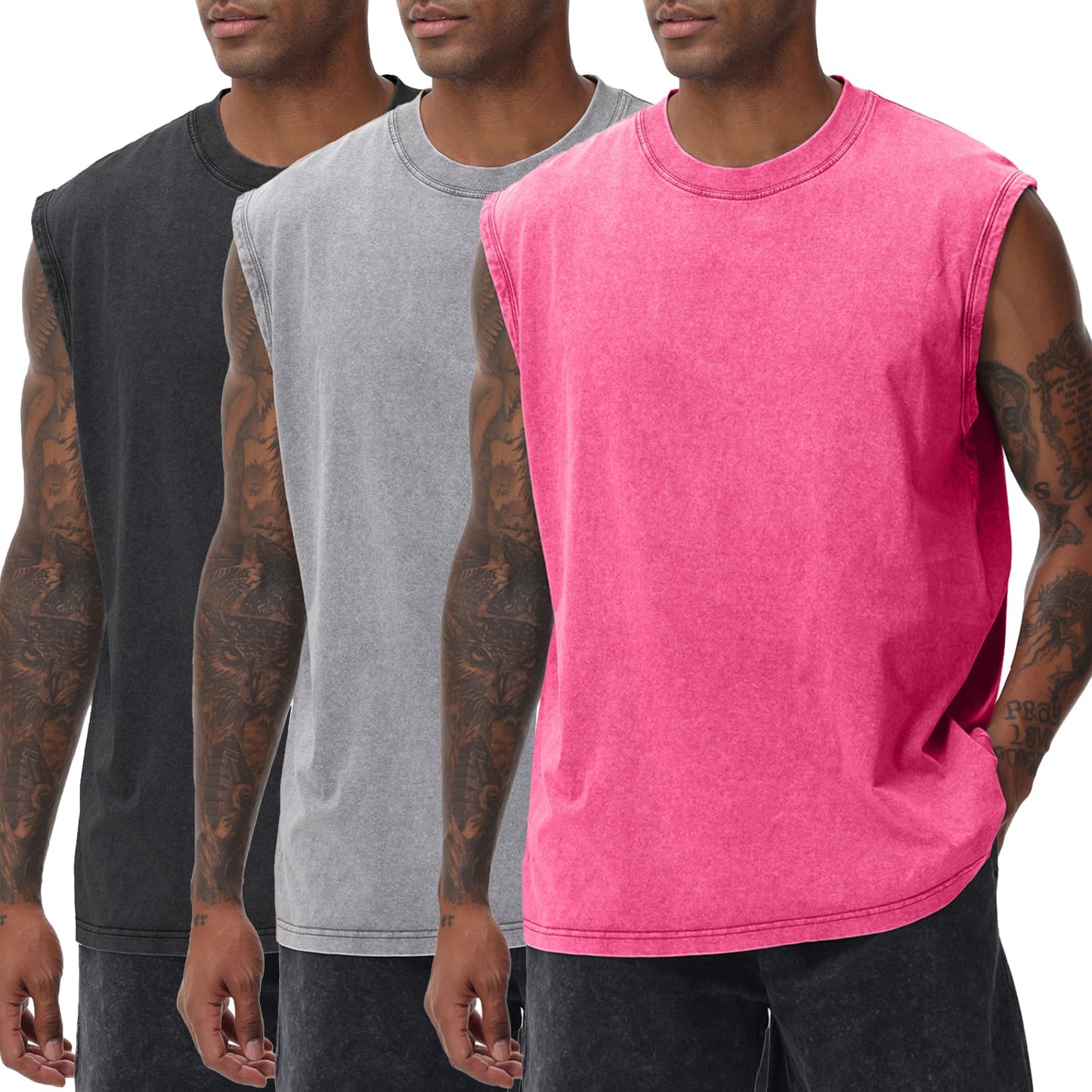 3 Pack Mens Workout Tank Tops Sleeveless Tee Shirts Men Muscle Shirt Gym Acid Wash T Shirts Running Beach Loose Fit Tee(PKGYBK,XL)