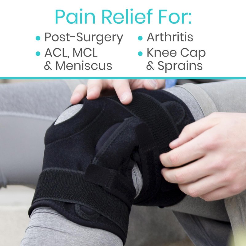 Vive Hinged Knee Brace - Relieves ACL, MCL, Meniscus Tear - Lightweight, Comfortable, Breathable Open Patella Wrap with Side Stabilizers - for Women & Men - Adjustable Strap for Tendonitis