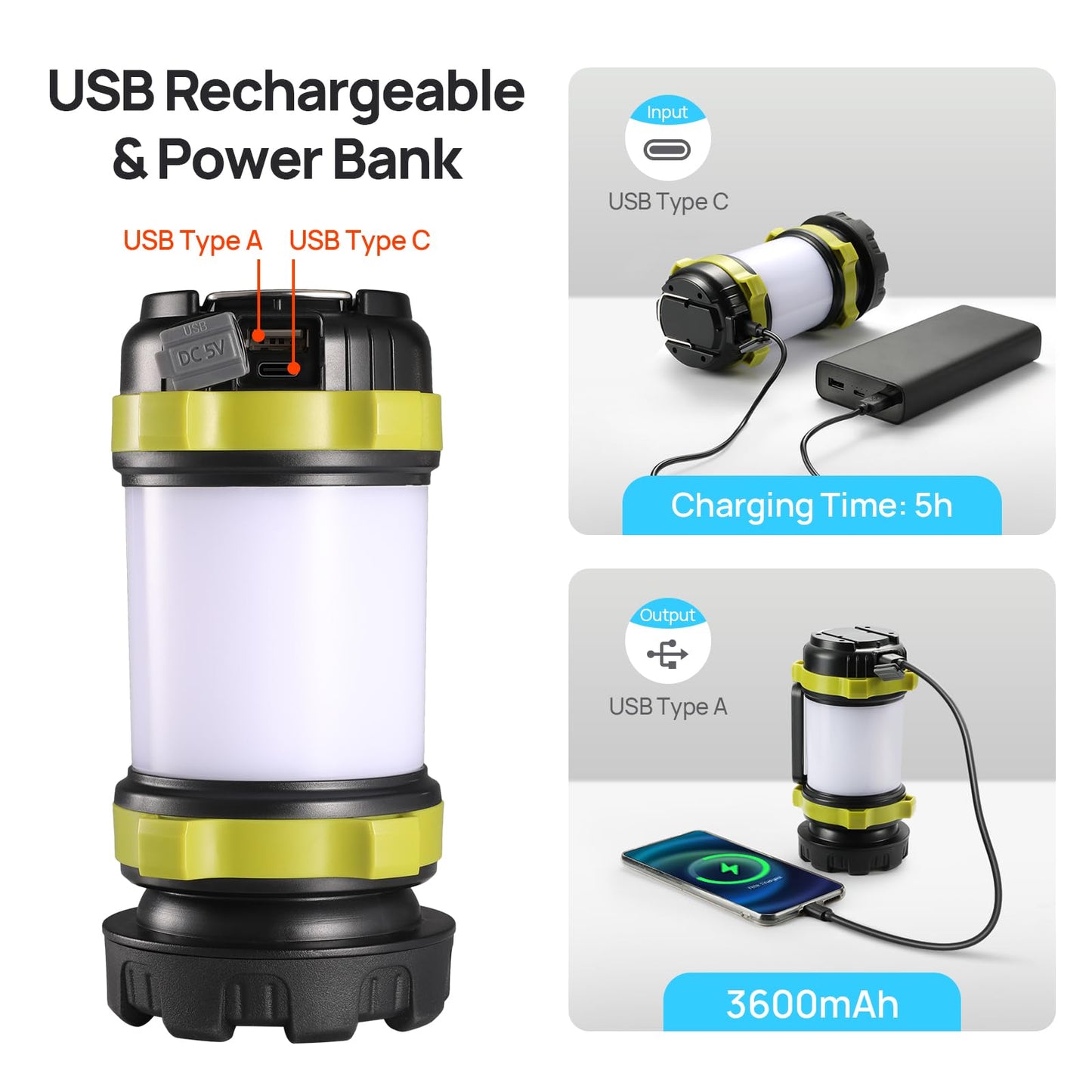 LED Camping Lantern Flashlight Rechargeable(Pack of 1), Consciot Portable Torch with 6 Light Modes, 3600mAh Power Bank, IPX4 Waterproof, USB C, Camping Lights for Hurricane, Emergency, Survival Kits