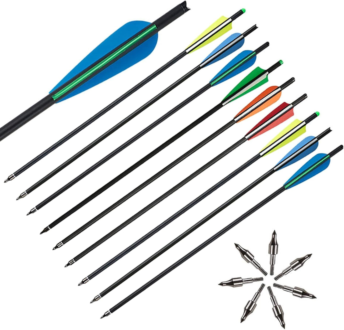 12-Pack Carbon Crossbow Bolts - 20 Inch Hunting Arrows with Removable Tips for Archery