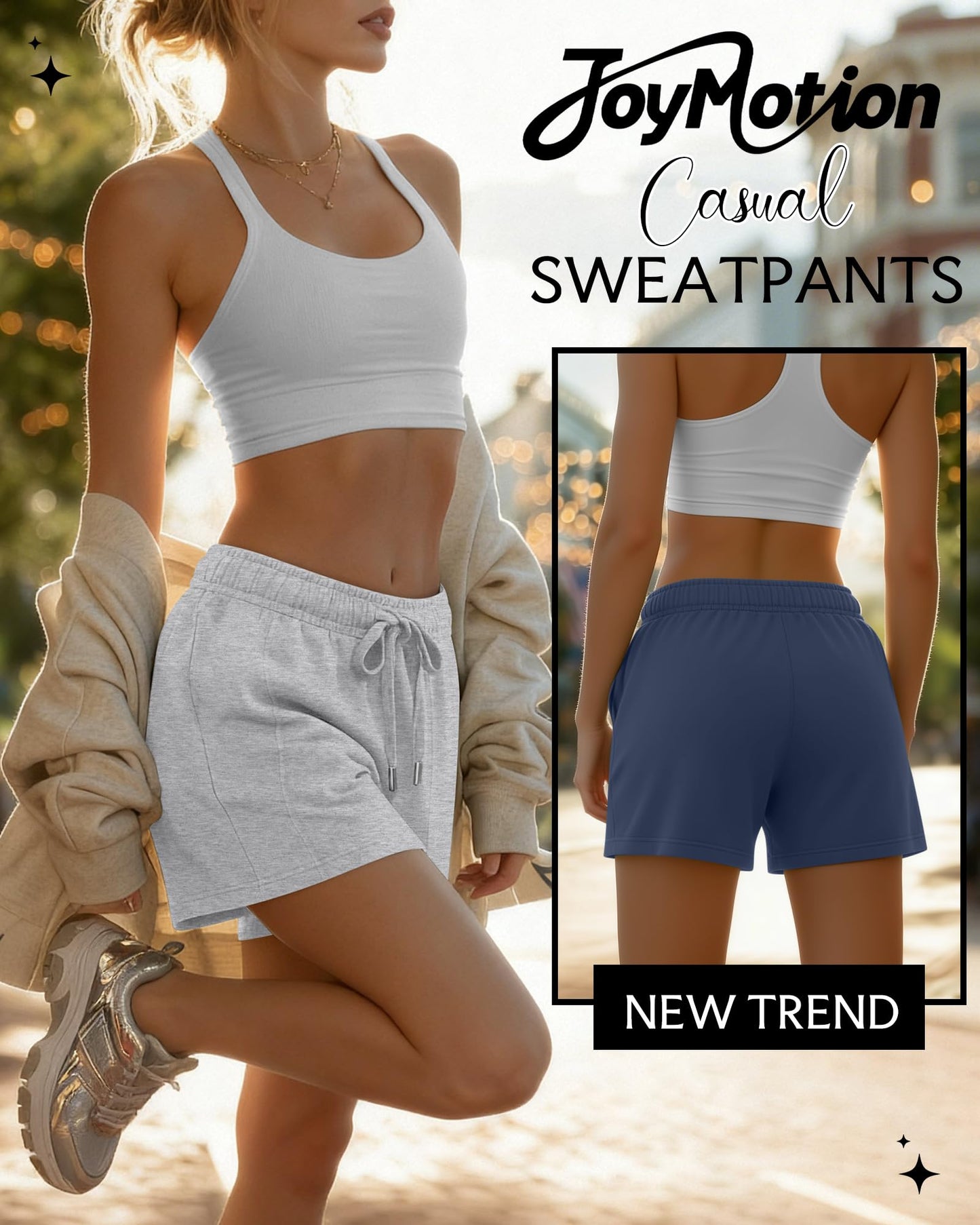 JoyMotion 3 Pack Women's Sweat Shorts Drawstring Elastic Waist Casual Shorts Athletic Comfy Lounge Pants with Pockets(Black, Haze Blue, Light Mixed Gray,Large)