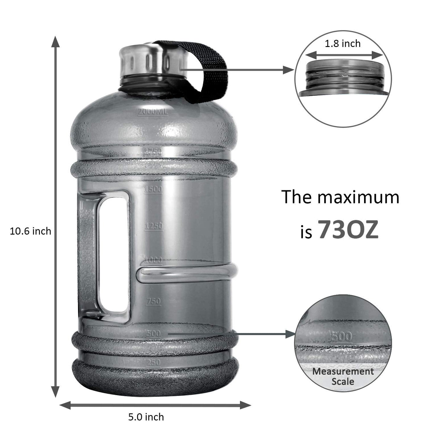 Vaupan Half Gallon Big Water Bottle, 2.2L/73 OZ Large Leak Proof Sports Jug with Handle,Huge BPA Free PETG Plastic Wide Mouth Drinking Container Flask for Fitness Gym Biking Travel Outdoor Water Jug