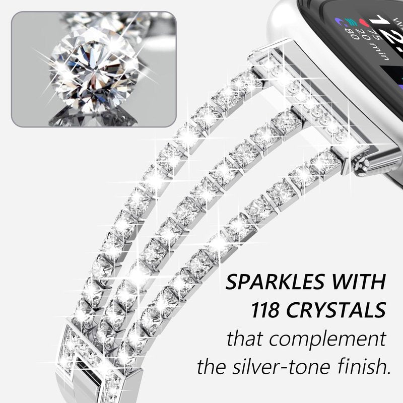 FULLIFE Compatible with Fitbit Versa 3/Fitbit Versa 4 Chain with Crystal Diamond Bling Metal Link Bracelet Strap Steel Fitbit Sense/Fitbit Sense 2 Band for Women, Silver