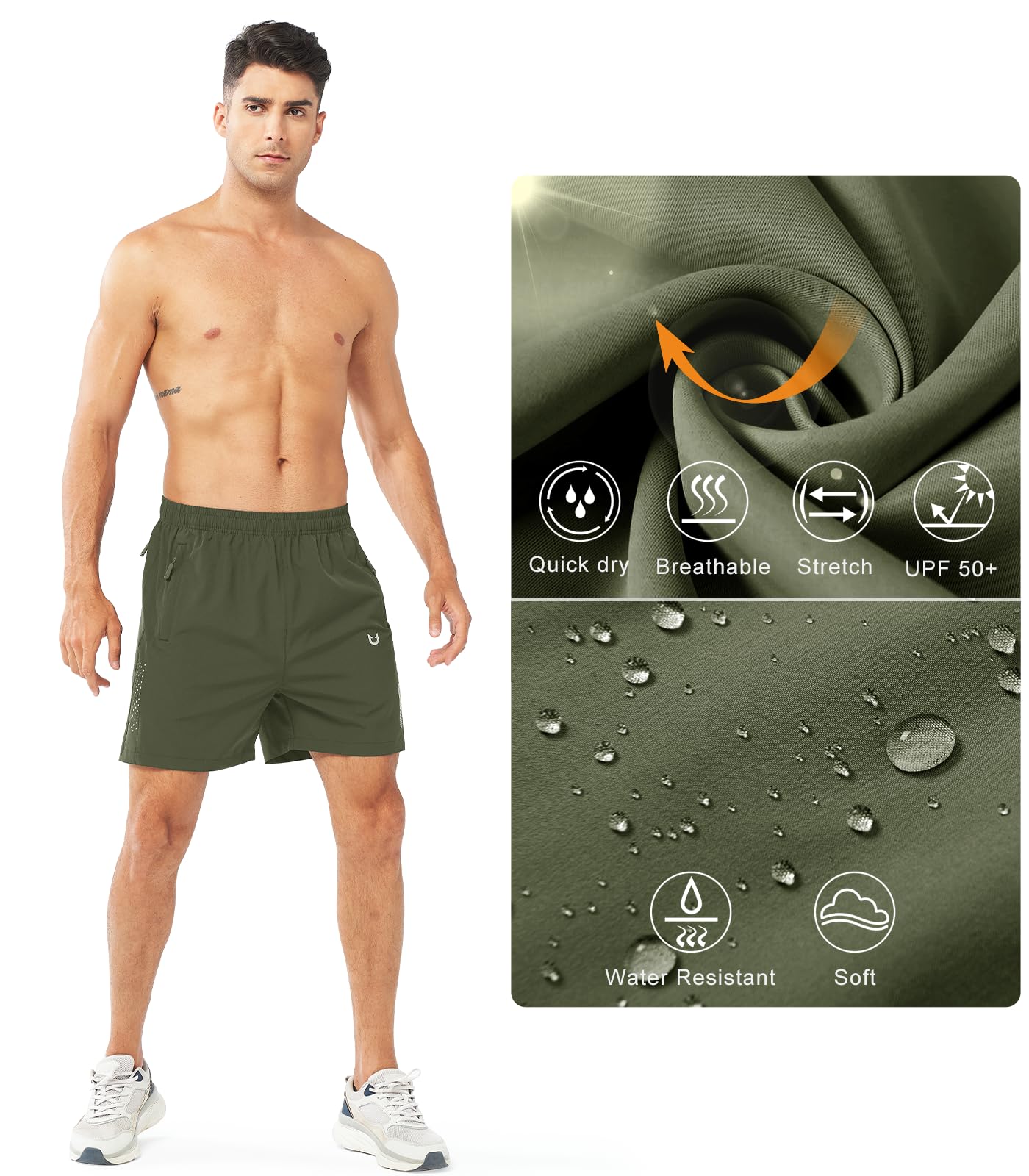NORTHYARD Men's Athletic Running Shorts Gym Workout 7"/9"/5" Quick Dry Lightweight Sports Basketball Tennis 3 Zipper Pockets ARMYGREEN-5inch L