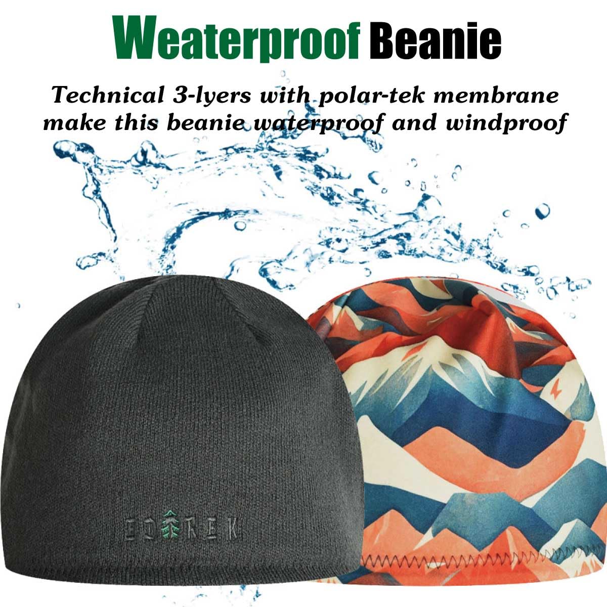 EDTREK Weatherproof Winter Beanie - Waterproof and Windproof Reversible Beanie - Backcountry Hiking Skull Hat (Grey with Wild Mountain, X-Large)