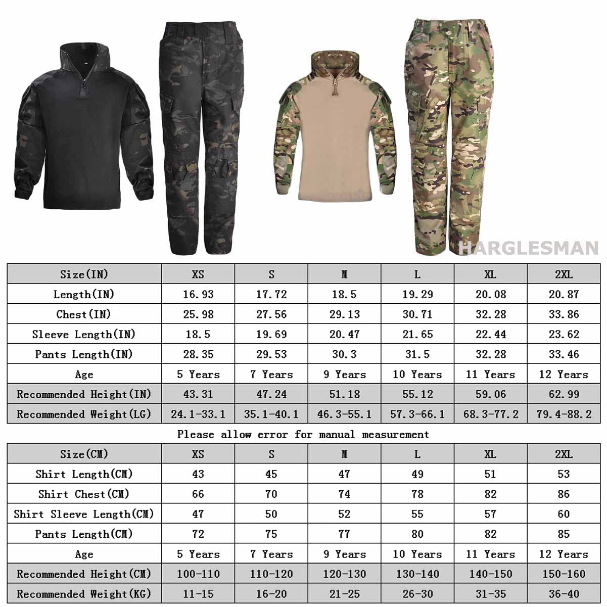 HARGLESMAN Kid's Tactical Military Suits Long Sleeve Amry G3 Camouflag Uniforms Quick Dry Combat Shirt and Pants Paintball Apparel Gear Airsoft BDU Clothes Camo for 5 Yerar