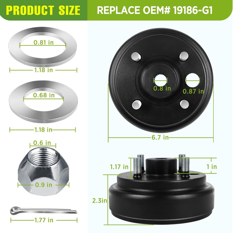 Golf Cart Brake Drum/Hub Assembly, Fit for EZGO TXT 1982-Up Electric and 1982-1993 2-Cycle Gas, 24 Teeth Splines Brake Hub Drum Assembly, Replaces OEM# 19186G1P 19186-G1P 19186-G1 1 Pack.
