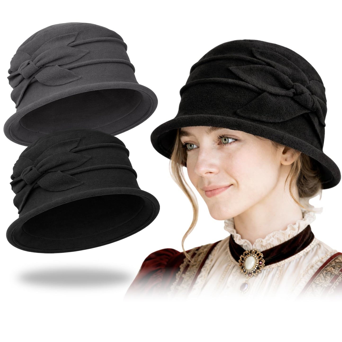 YOHITOP 2 PCS Fleece Flower Cloche Hat for Women – Soft Warm Cancer Headwear Chemo Hat Elegant Ladies Winter Beanie Cap for Hair Loss & Daily Wear