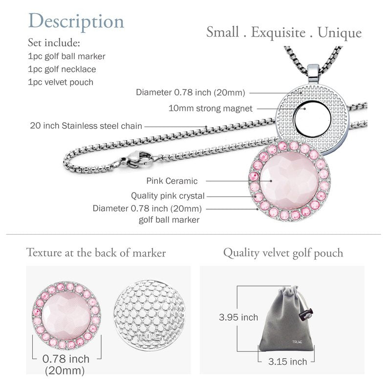 E TRUEE Golf Ball Marker with Ceramic crystal Ball Marker Necklace (20mm Small size) Gifts Accessories Women Golfers