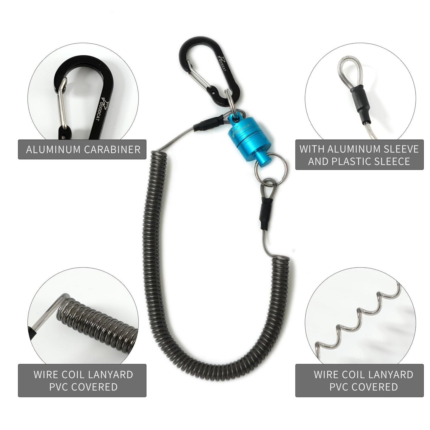 GOODCAT Strongest Magnetic Net Release Magnetic Keychain Fly Fishing Net Retractor Magnet Clip Holder Retractor with Retractable Coiled Lanyard Carabiner (Blue Magnet+ Black Carabiner)