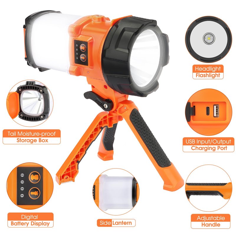 BOBKID Tripod Rechargeable Camping Lantern, 6 Modes LED Flashlight Handheld Spotlight with 4000LM, IPX4 Waterproof Searchlight Work Light for Emergency Hiking Survival Kit - Orange