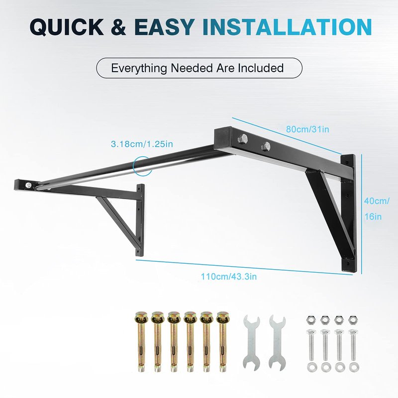 IRONWALLS Pull Up Bar Wall Mounted Home Gym, 500lbs Capacity Heavy Duty Iron Chin Up Bar Upper Body Workout Bar for Strength Training Equipment, Fitness Exercise Frame for Indoor Outdoor Use