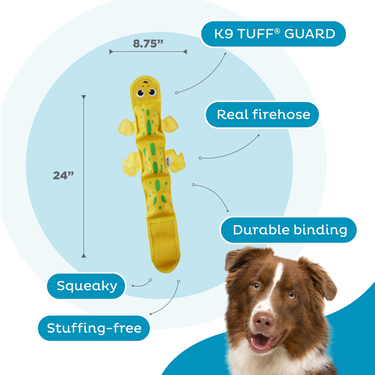 Outward Hound Fire Biterz Yellow Lizard Plush Firehose Material Interactive Dog Toy, Large