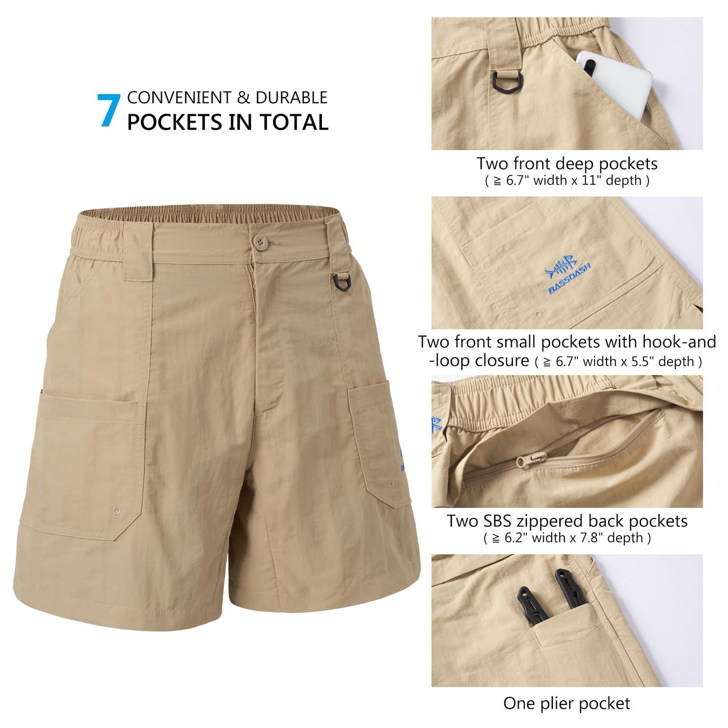 BASSDASH Men's Fishing Shorts UPF 50+ Water Resistant Quick Dry Hiking Cargo Shorts with Multi Pocket 6"