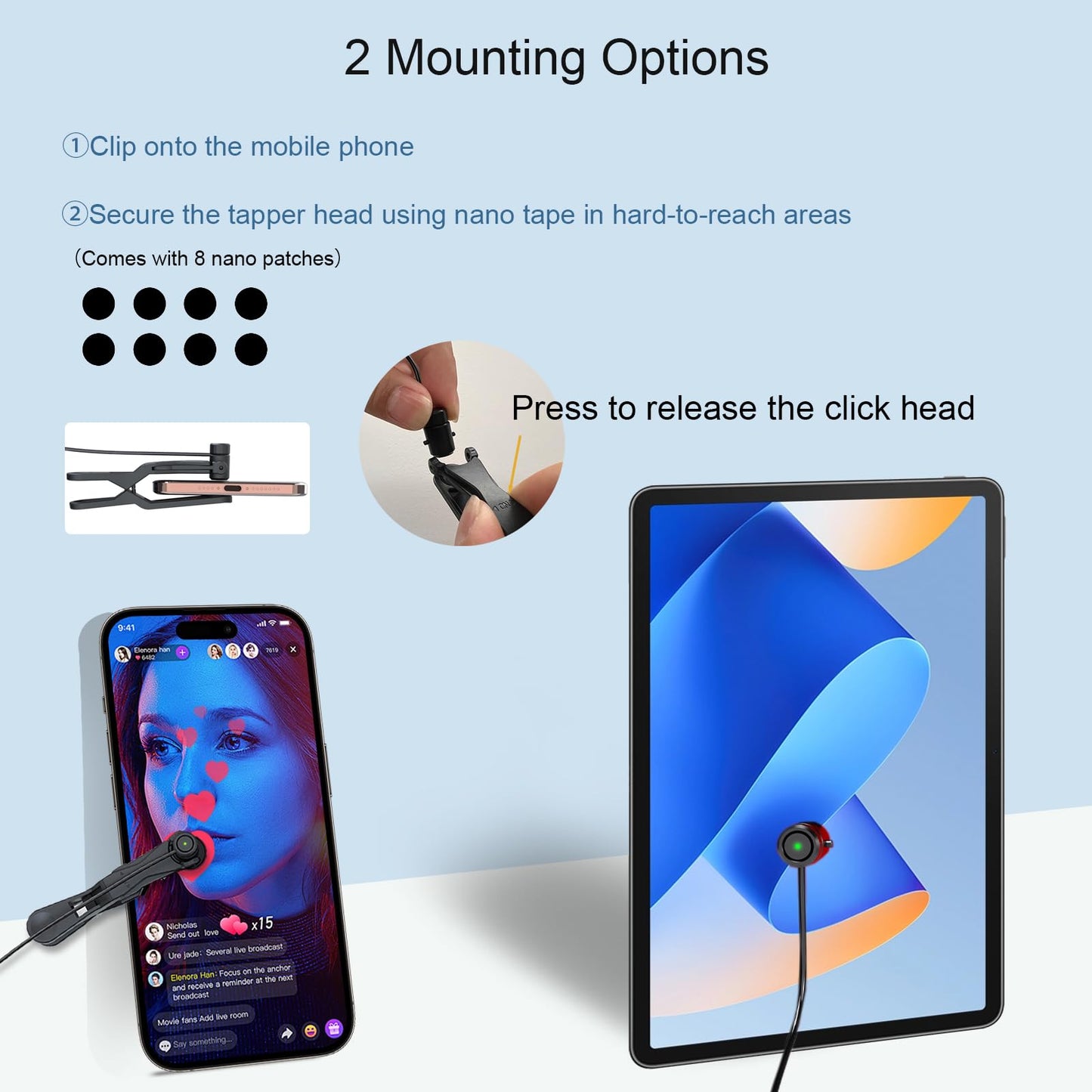 Clicking Tip (3pcs) for X1/X2PRO/G30 Auto Clicker Accessories, with Micro USB Port, with 12pcs Nano Adhesive Pads